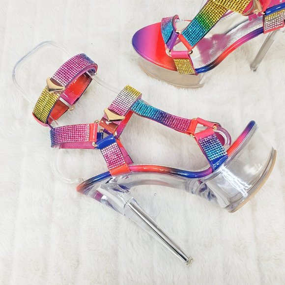Bulls Rainbow Rhinestone Harness Strap Clear Platform Heels - Picture 15 of 16